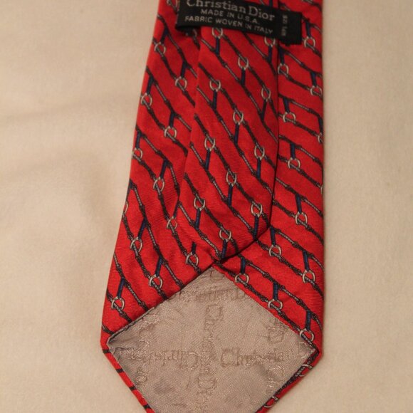 DIOR Italian Red Silk Tie with Equestrian Stirrup print VTG - Picture 4 of 5